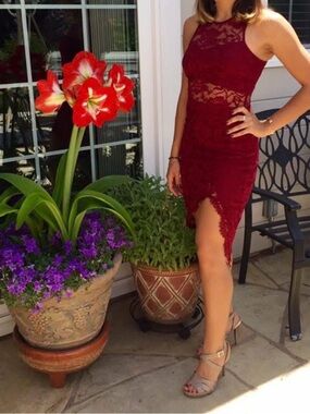 HOMAGE Burgundy Lace Halter Bodycon Mini Dress